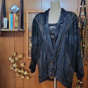 Black Studded Vintage 80s Windbreaker Jacket with Lace Details